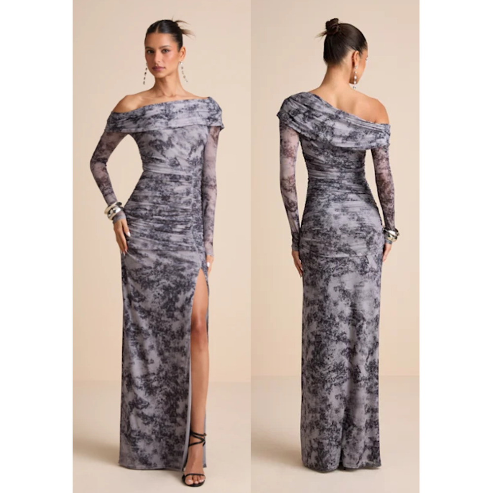 NWT Lulus Darla Mesh One-Shoulder Long Sleeve Maxi Dress Grey Tie-Dye Women's S
